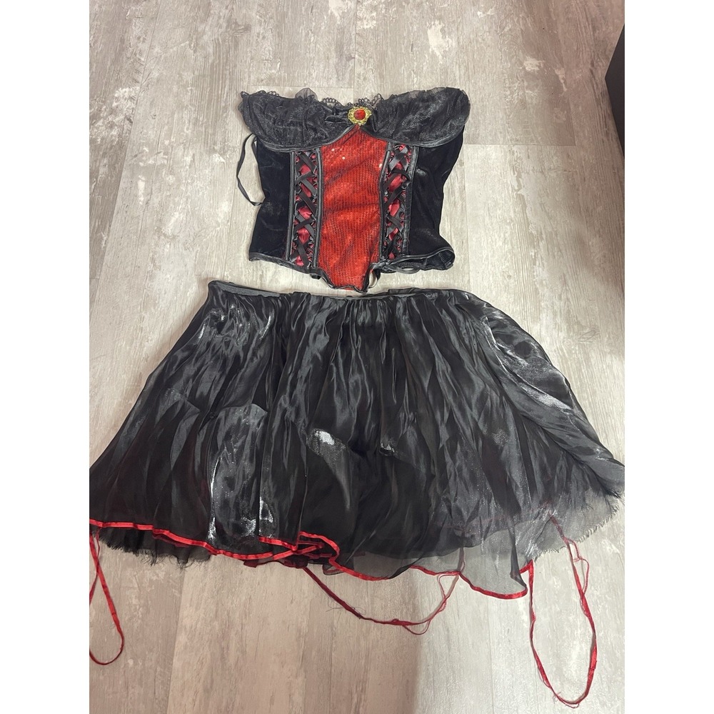 WOMEN'S RED AND BLACK Corset COSTUME WITH Elastic  WAIST... SZ M/L...FUN TO WEAR